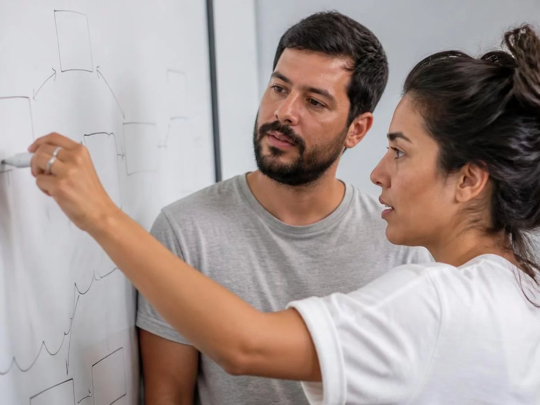 Dupla em pé diante de um quadro branco com o esqueleto de um argumento desenhado